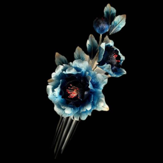 Fermaglio su Misura Peonia Nera e Blu - Fermaglio in Seta (Ronghua)
