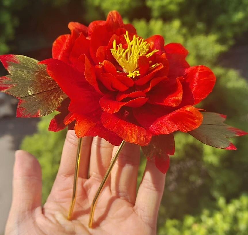Forcina personalizzata peonia rossa - Forcina di seta (Ronghua)