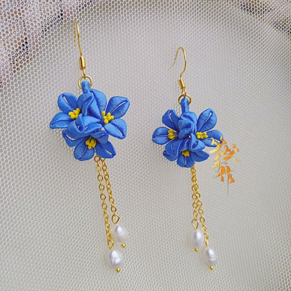 Handcrafted Chanhua Flower & Freshwater Pearl Dangle Earrings - 925 Silver Hooks