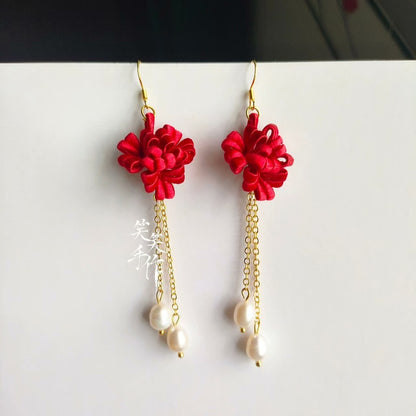 Handmade Chanhua Flower Earrings with Natural Freshwater Pearls - 925 Sterling Silver Hooks