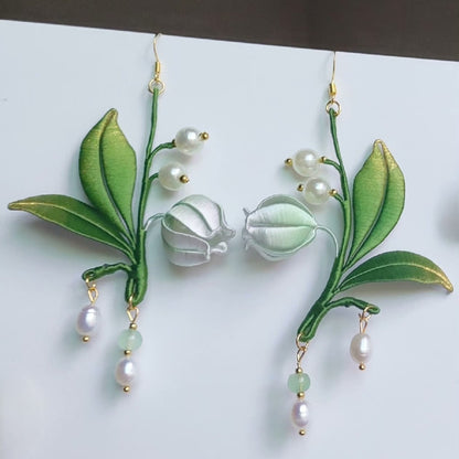Boucles d'oreilles faites main Orchidées Chanhua et Perles - Crochets en Argent 925