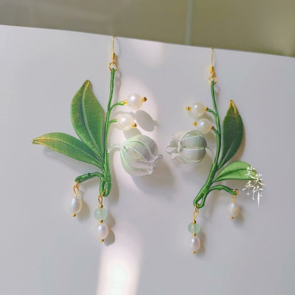 Boucles d'oreilles faites main Orchidées Chanhua et Perles - Crochets en Argent 925
