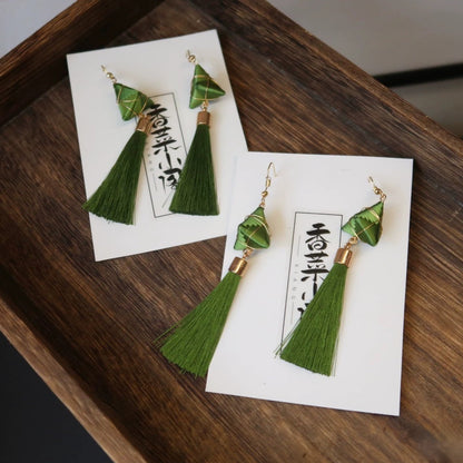 Orecchini con nappine fatti a mano ispirati agli Zongzi - Ganci in argento 925 (Chanhua)