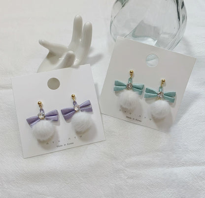 Handmade Chanhua Bow with Pom Pom Earrings - Thread Bow Drop Earrings