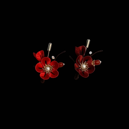 Handmade Chanhua Red Plum Blossom Brooch - Thread Flower Pin with Pearl