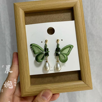 Handmade Chanhua Butterfly Stud Earrings - Thread Butterfly Pearl Drop Earrings