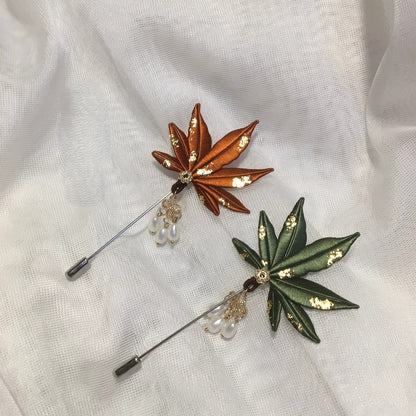 Handmade Chanhua Maple Leaf Brooch - Thread Maple Leaf Pin with Pearl Drops
