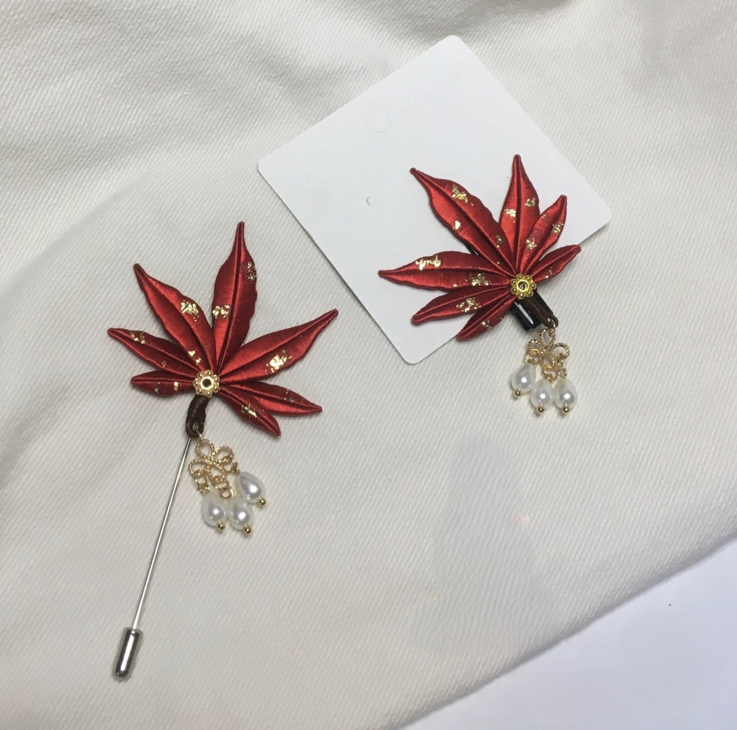 Handmade Chanhua Maple Leaf Brooch - Thread Maple Leaf Pin with Pearl Drops