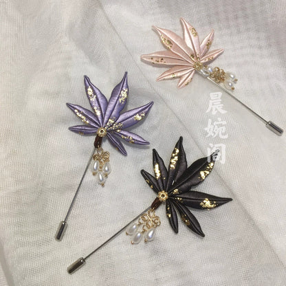 Handmade Chanhua Maple Leaf Brooch - Thread Maple Leaf Pin with Pearl Drops