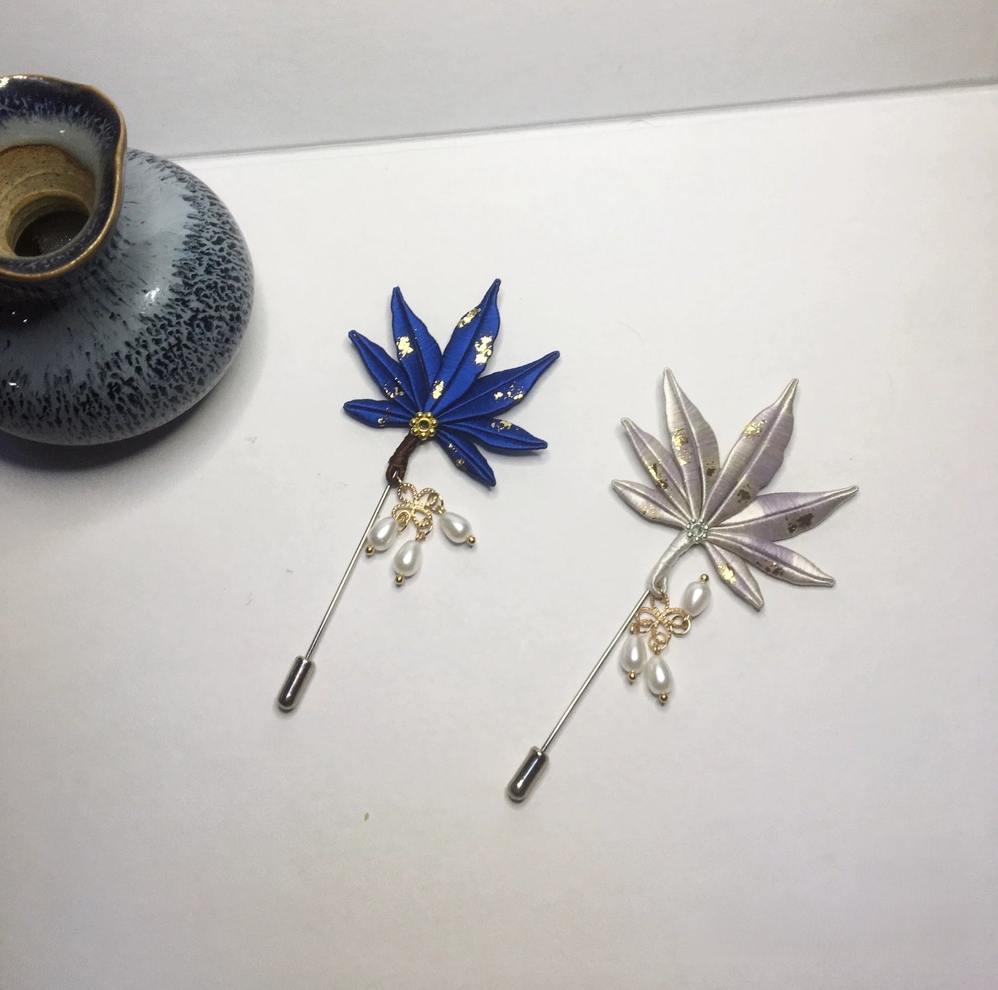 Handmade Chanhua Maple Leaf Brooch - Thread Maple Leaf Pin with Pearl Drops