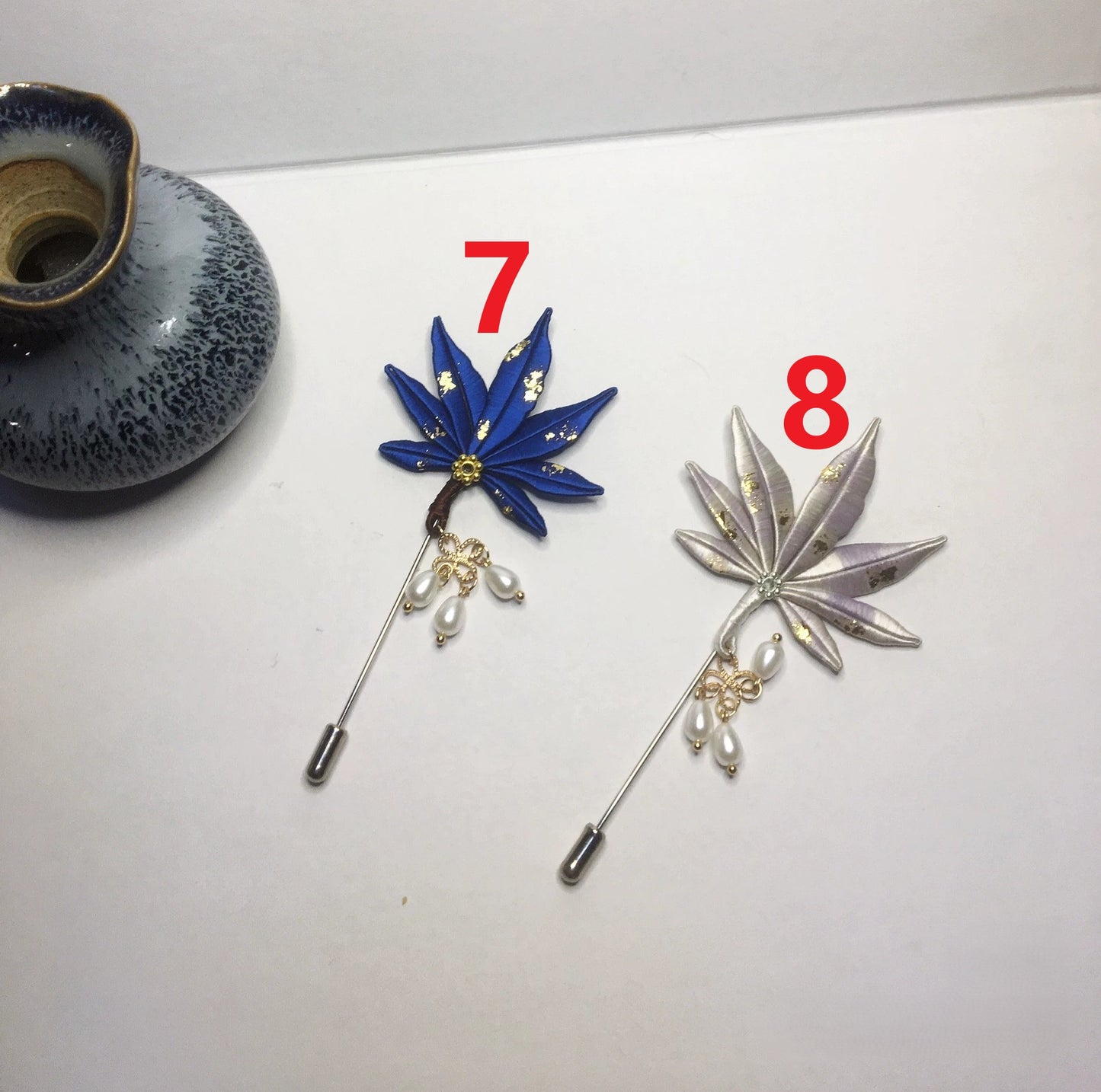 Handmade Chanhua Maple Leaf Brooch - Thread Maple Leaf Pin with Pearl Drops