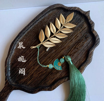 Handmade Chanhua Leaf Branch Brooch with Tassel - Gold Leaf Pin for Women