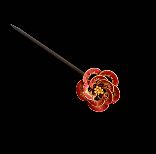 Fermaglio per capelli fatto a mano Chanhua Camelia - Fiore con bordo dorato