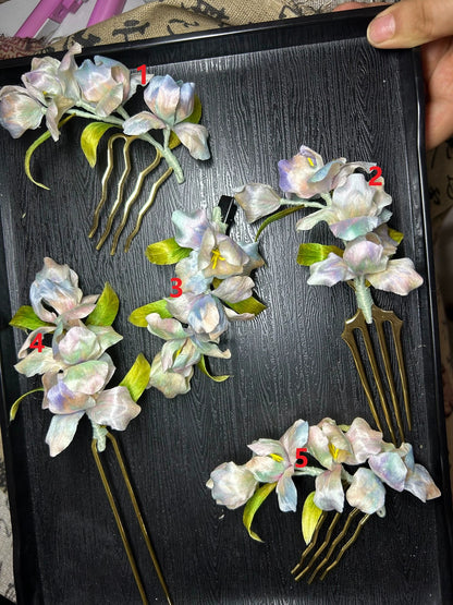 Handmade Ronghua Iris Flower Hair Comb - Natural Mulberry Silk Accessory