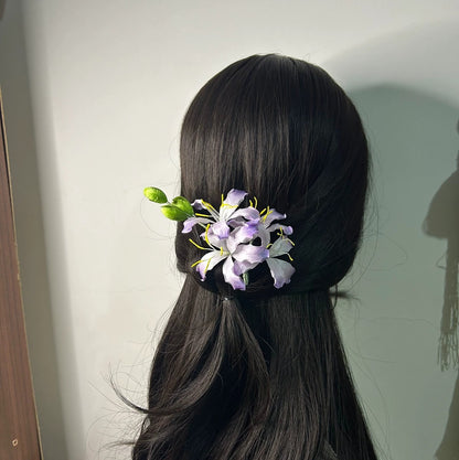 Pettine per Capelli Fatto a Mano con Fiore di Bauhinia Viola Ronghua in Filo di Seta Naturale