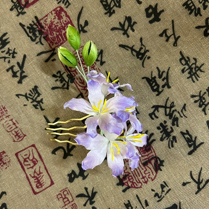 Pettine per Capelli Fatto a Mano con Fiore di Bauhinia Viola Ronghua in Filo di Seta Naturale