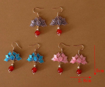Handmade Ronghua Pink Lotus Cloisonné Earrings | Mulberry Silk Velvet Vintage-Style Drop Earrings with Red Agate