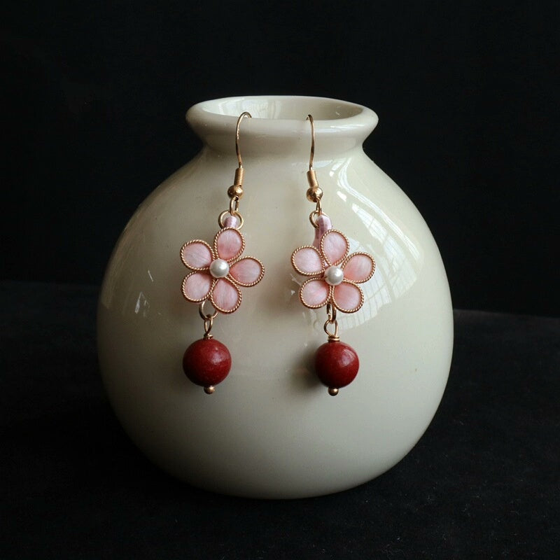 Handmade Ronghua Peach Blossom Earrings | Mulberry Silk Velvet Pink Flower Drop Earrings with Incense Pearl