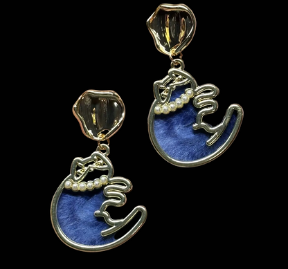 Handmade Ronghua Cat Moon Earrings | Mulberry Silk Velvet Lucky Cat Drop Earrings