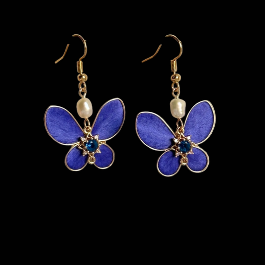 Handmade Ronghua Royal Blue Butterfly Earrings | Mulberry Silk Velvet Butterfly Drop Earrings with Pearl & Crystal