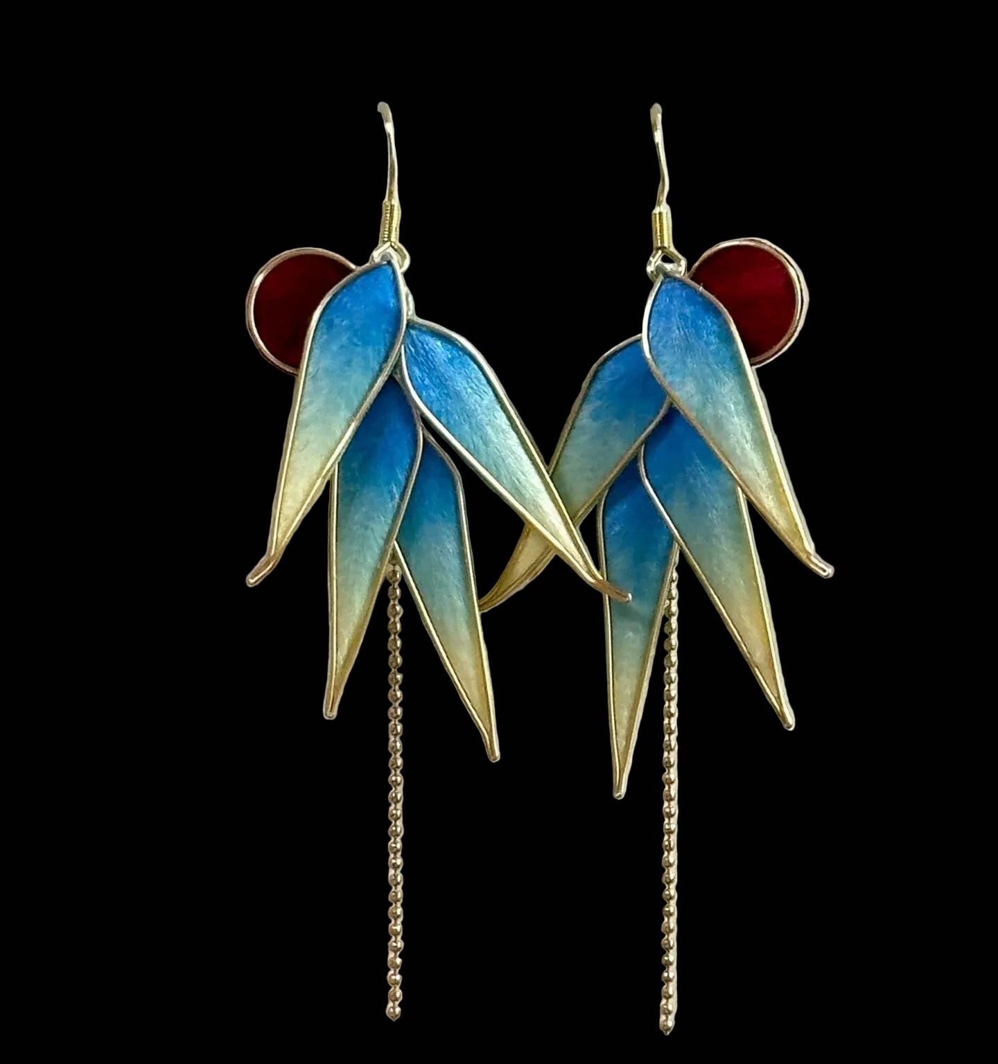 Handmade Ronghua Blue-Green Bamboo Leaf Earrings | Mulberry Silk Velvet Bamboo Long Drop Earrings with Chain