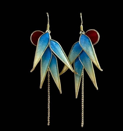 Handmade Ronghua Blue-Green Bamboo Leaf Earrings | Mulberry Silk Velvet Bamboo Long Drop Earrings with Chain