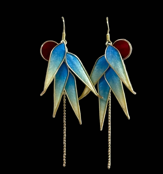 Handmade Ronghua Blue-Green Bamboo Leaf Earrings | Mulberry Silk Velvet Bamboo Long Drop Earrings with Chain