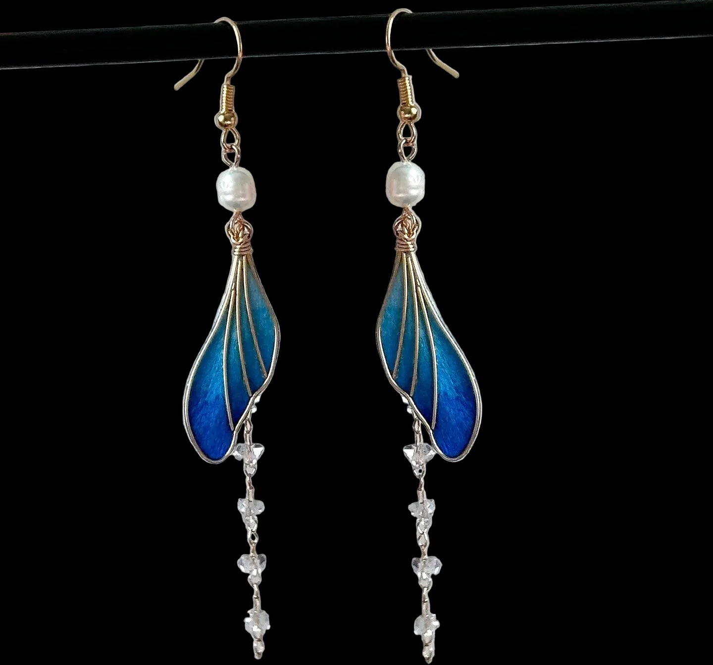 Handmade Ronghua Blue Fishtail Drop Earrings | Mulberry Silk Velvet Koi Tail Long Earrings with Pearl & Crystal Chain