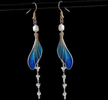 Handmade Ronghua Blue Fishtail Drop Earrings | Mulberry Silk Velvet Koi Tail Long Earrings with Pearl & Crystal Chain