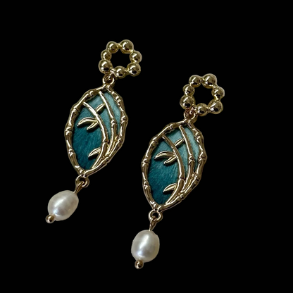 Handmade Ronghua Bamboo Window Earrings | Mulberry Silk Velvet Blue Bamboo Leaf Drop Earrings with Pearl