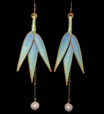 Handmade Ronghua Blue-Green Bamboo Leaf Earrings | Mulberry Silk Velvet Double Leaf Drop Earrings with Pearl