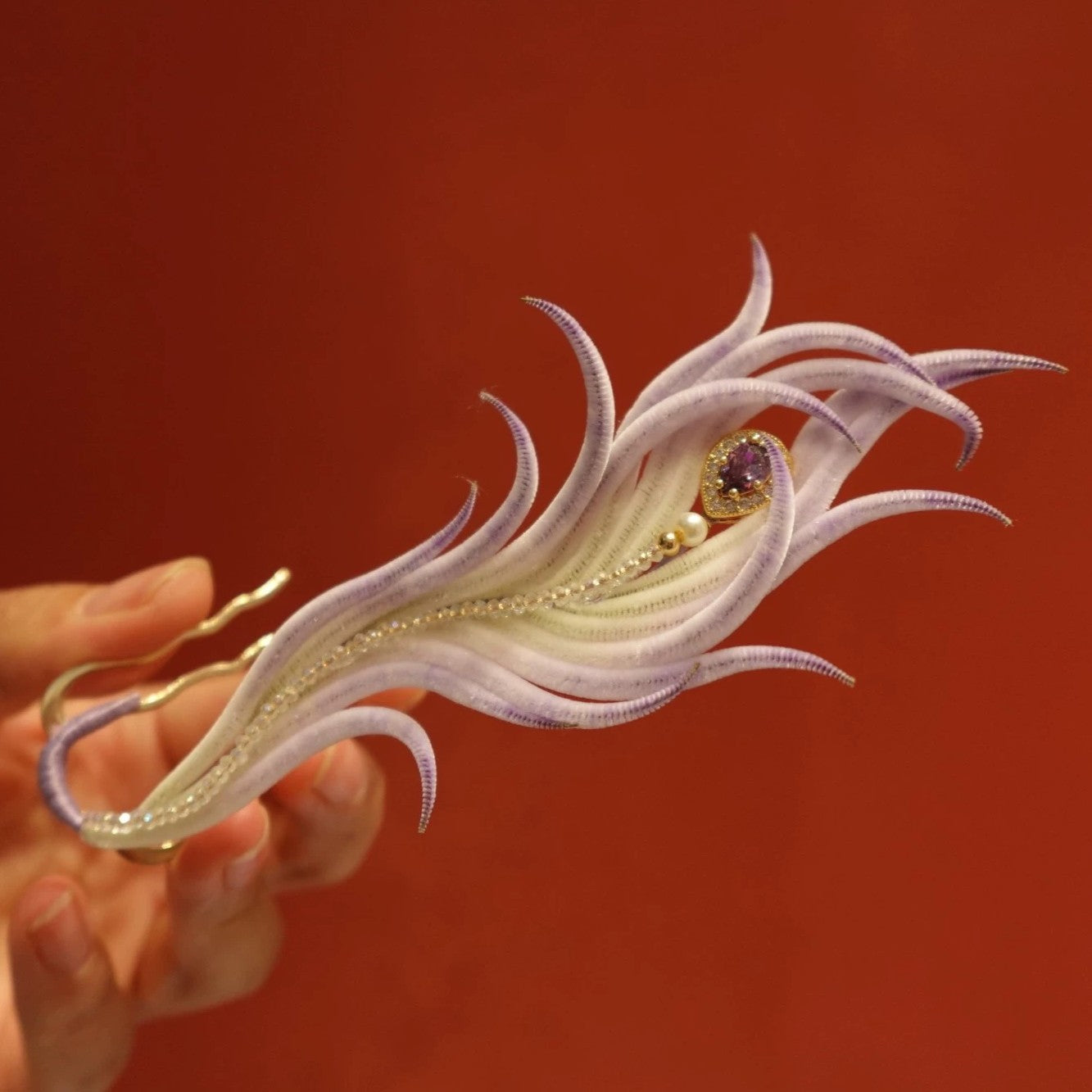 Handmade Ronghua Phoenix Tail Hairpin | Blue-White-Red Mulberry