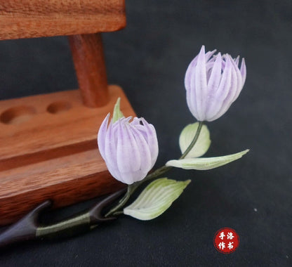 Handmade Ronghua Buddha's Hand Flower Hairpin | Light Purple Mulberry Silk Velvet Citrus