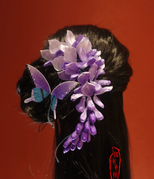 Handmade Ronghua purple wisteria and butterfly hairpin – cascading mulberry silk velvet flowers