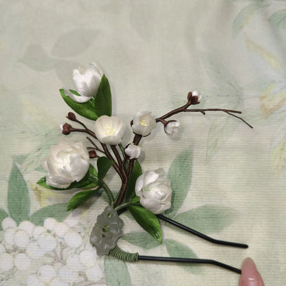 Handmade Ronghua Jasmine Hair Pin - Natural Mulberry Silk Flower