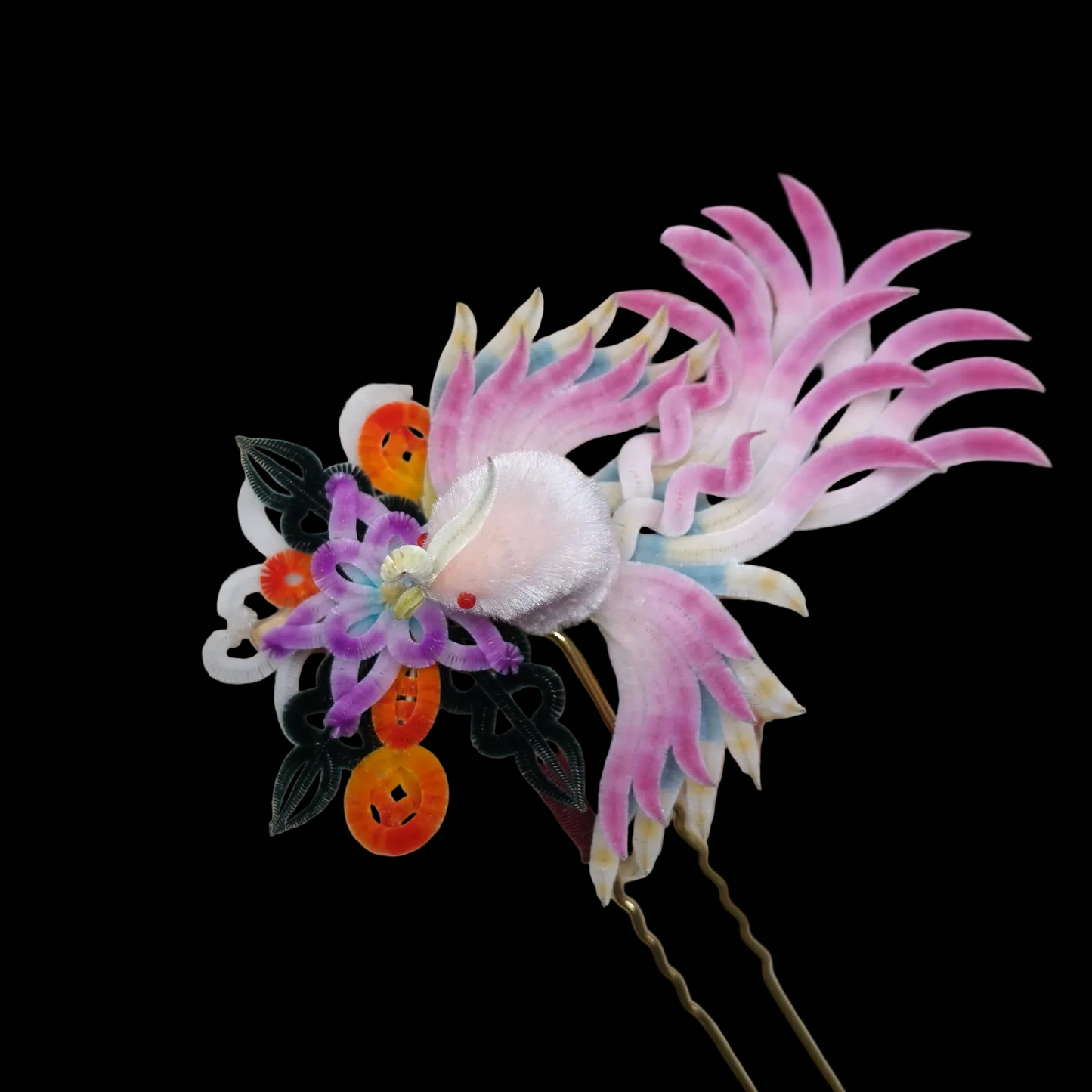Handmade Ronghua Phoenix Hairpin - Mulberry Silk Velvet Flower Hair Accessory