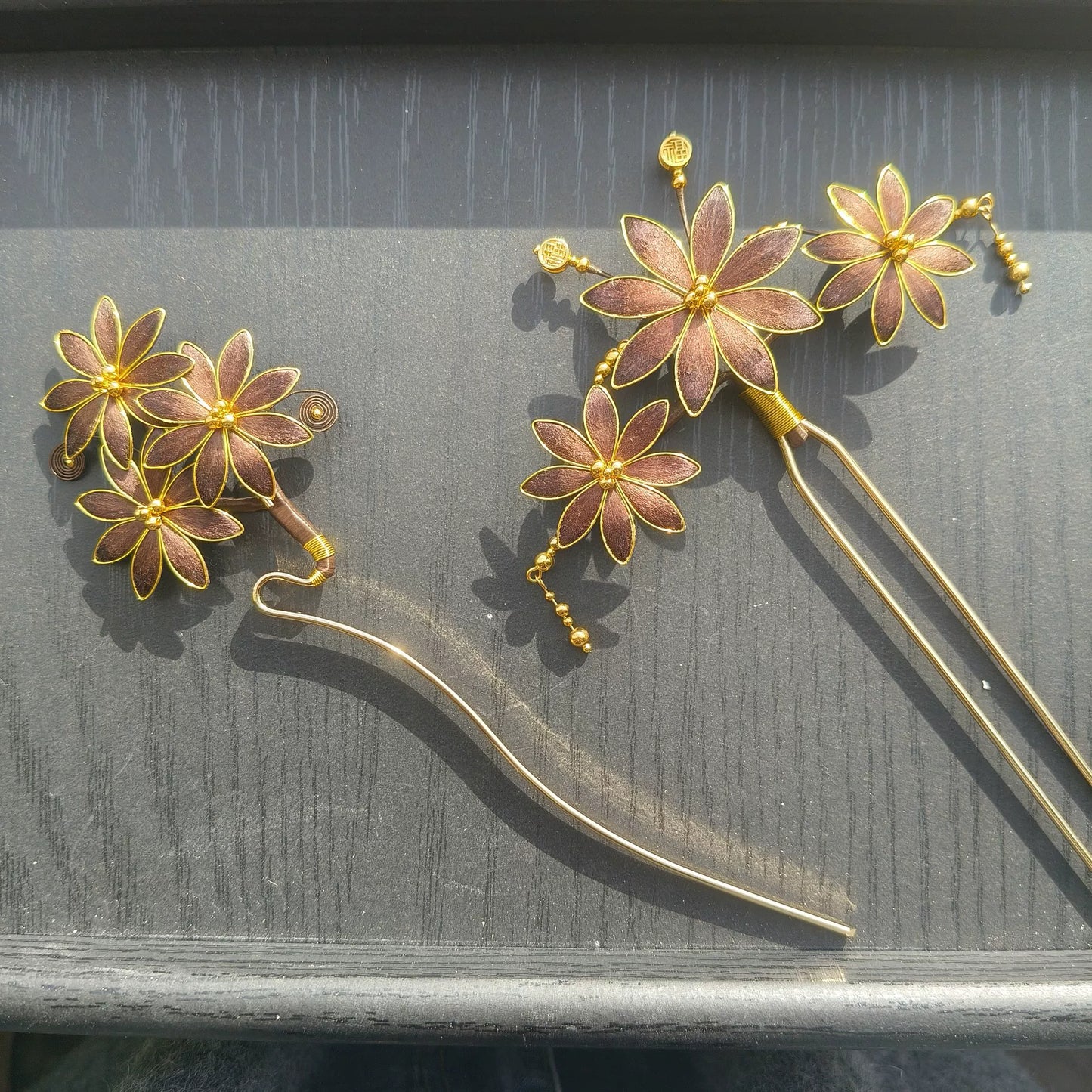 Handmade Ronghua flower hairpin in brown mulberry silk velvet blossoms with gold wire edges and beads on gold prong pin, Chinese hair accessory