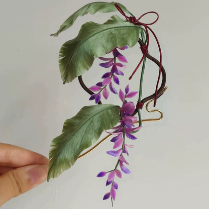 Fermaglio per capelli fatto a mano Ronghua con glicine e foglia di banano - Fermaglio per capelli con fiore in velluto di seta di gelso