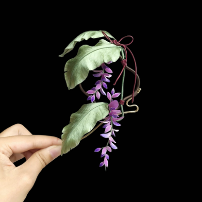 Fermaglio per capelli fatto a mano Ronghua con glicine e foglia di banano - Fermaglio per capelli con fiore in velluto di seta di gelso