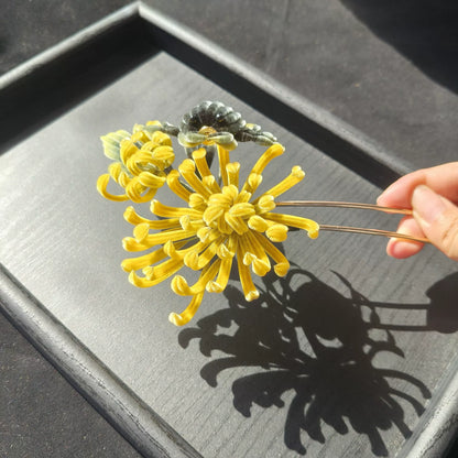 Épingle à cheveux faite main en chrysanthème de Ronghua - Accessoire de cheveux en fleur de soie naturelle