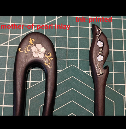 Handmade Mother-of-Pearl Inlay African Blackwood Hair Sticks | Natural Shell Inlay Hairpins