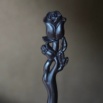 Bastoncino per capelli in legno d'ebano africano naturale - Design a rosa #玫瑰