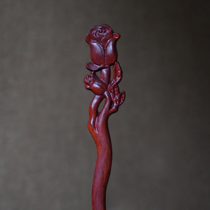 Bastoncino per capelli in legno d'ebano africano naturale - Design a rosa #玫瑰