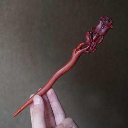 Bastoncino per capelli in legno d'ebano africano naturale - Design a rosa #玫瑰