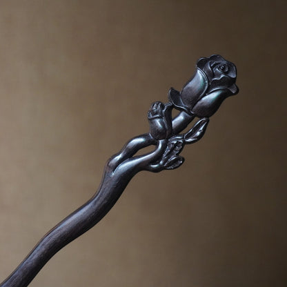 Bastoncino per capelli in legno d'ebano africano naturale - Design a rosa #玫瑰