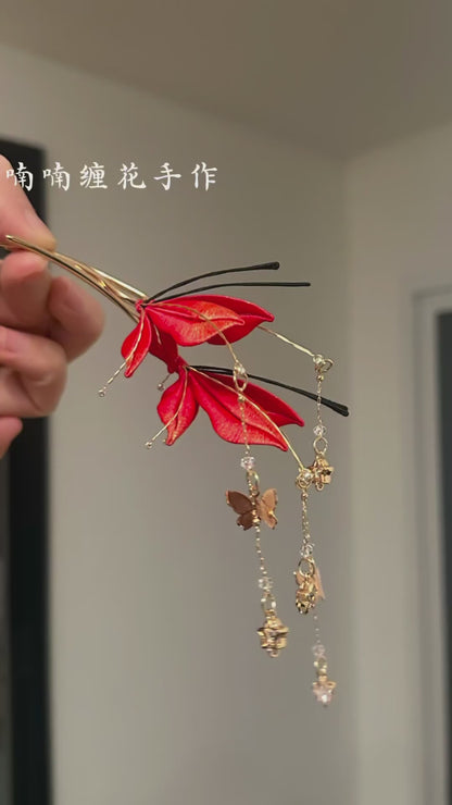 Handmade Red Butterfly Chanhua Hairpin - Artisanal Thread-Wrapped Floral Accessory